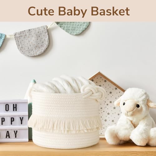 CherryNow Small Woven Storage Baskets, 9.5'' x 7'' inches Cotton Rope Decorative Hamper for Diaper, Blankets, Magazine and Keys, Cute Tassel Nursery Decor - Home Storage Container, Off-white - color: Off-white, size: 10L (9.5"W x 7"H)