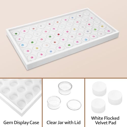 Ikee Design 50 White Foam Gem and Bead Storage Jars Showcase Stackable Display Tray Storage Box for Collectibles, Home Organization, 14.75 W x 8.25 D x 1 H in - color: White Foam/White Tray (50 Jars)