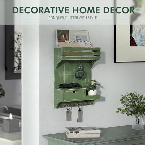 Rebee Vision Pine Wood Key Holder Wall Mount with Small Drawer Organizer - Wall Mounted Mail Organizer & Key Holder with 9 Hooks for Home Decor - Ideal for Entryway, Hallway, and Bedroom (Green) - color: Green, style: Small Drawer
