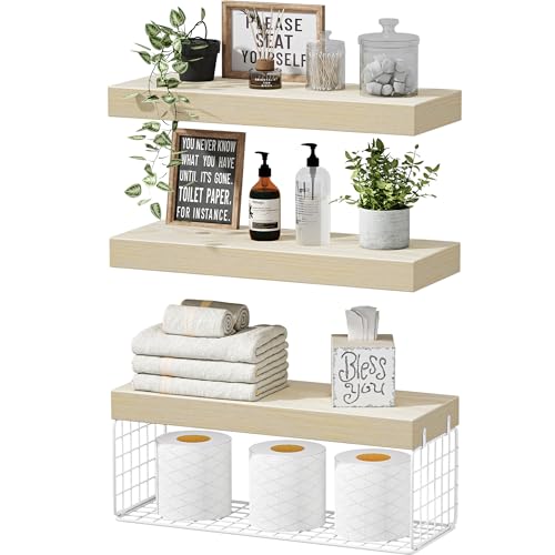 QEEIG Bathroom Shelves Over Toilet - Wall Mounted Floating Shelves Toilet Paper Storage Small Farmhouse Decor Shelf 16 inch Set of 3, Natural (019-BNW3) - color: E. Natural, size: 3pcs