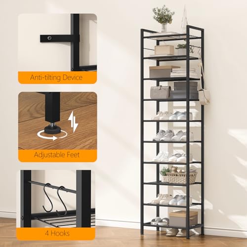 usikey 10 Tiers Narrow Shoe Rack 20-30 Pairs, Sturdy Metal Tall Shoe Rack Shelf with 4 Hooks, Slim Shoe Storage with Metal Shelf, Space Saving Vertical Shoe Organizer for Entryway Black UNYXJX018H - color: 10 Tier ( 17.9 X 11 X 69.2 Inches)-black