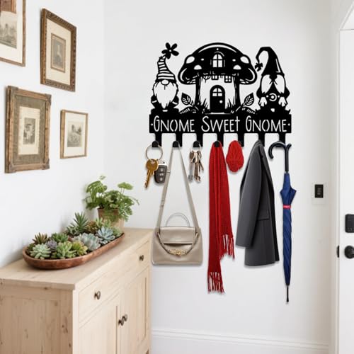 Key Holder Wall Mount, Gnome Sweet Gnome Sign, Key Holder Wall for Wall Decorative with 6 Hooks, Organizer Rack Hanger for Entryway, Front Door, Hallway, Office 9.8 inches - color: Gnome Sweet Gnome