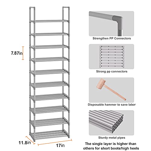 OYREL 10-Tier Metal Shoe Rack, Narrow Shoe Rack Organizer, Sturdy Shoe Shelf for Closets, Entryway, Bedroom, Garage - Silver - color: Silver, size: 17.1"W x 11.8"D x 78.7"H in 10 tier