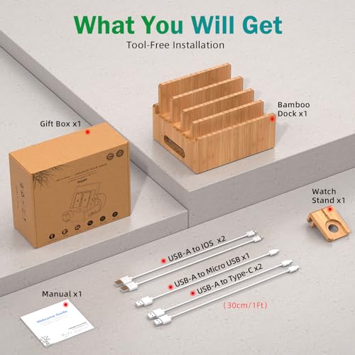 Pezin & Hulin Cell Phone Charging Stations, Bamboo Dock Organizer for Multi Devices, Tablets, Smart Watch, with Pack 5 Cables, No Power Charger Supply - color: Dock Rack +Cables