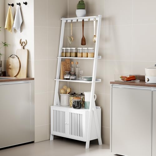 Bookcase with Drawers, 4-Tier Bamboo Bookshelf Ladder Shelf with 6 Hooks, 59.5"H x 24.8"L x 10.6"W, Tall Narrow Freestanding Standing Storage Organizer for Living Room, Office, Bedroom, White - color: 4-tier White