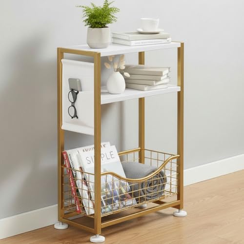 Skinny Side Table with Storage, 3 Tier Slim Side Tables for Small Spaces, Skinny End Table Narrow Bedside Table Narrow Side Table for Living Room, Bedroom - color: White Gold