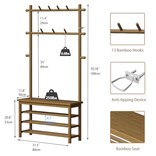 Bamboo Hall Tree with 13 Hook, 6-in-1 Entryway Bench with Coat Rack Freestanding, Coat Rack with Shoe Storage Bench Organizer for Mudroom, Bedroom, All-in-One Shoe Rack,Walnut