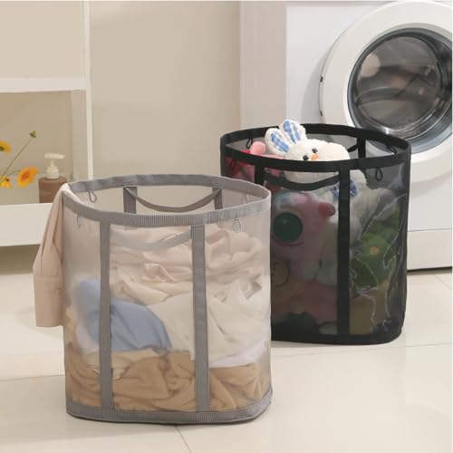 Mesh Bag with Handles, Collapsible Laundry Basket, Foldable Laundry Bag, Breathable Folding Beach Bag,Space-saving Travel Tote Bags (1, Black) - color: Black