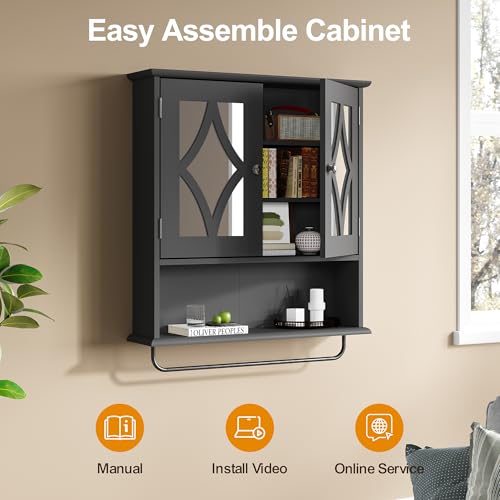 RoyalCraft Bathroom Medicine Cabinet Wall Mounted, Over the Toilet Storage Cabinet with Towel Rack and Adjustable Shelf, Large Bathroom Towel Cabinet Wall Mount 22x25 inch (Black) - color: Black