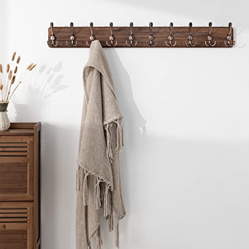 SKOLOO Coat Rack Wall Mounted - 38.6" Long, Wooden, Heavy Duty, Rustic Coat Hooks for Wall, Coat Rack with 10 Triple Hooks for Hanging Clothes, Jacket, Hat(Brown & Retro Red) - color: Brown Plate & Antique Hook, size: 1 Item-10 Hooks