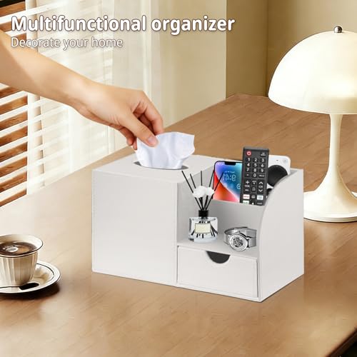 PUSU Square Tissue Box Cover with Storage Drawer, PU Leather Facial Tissues Cube Boxes Holder, Modern Makeup Remote Control Holder, Nightstand Organizer Caddy for Bathroom Vanity, Office, Home Decor - color: White Cowhide