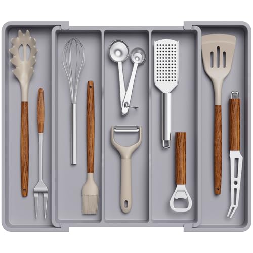 Lifewit Utensil Organizer for Kitchen Drawers, Expandable Cooking Utensil Tray, Adjustable Cutlery Silverware Flatware Holder, Plastic Spatula Tools Storage Divider, 11-18 x 14", Gray - color: Gray, size: Medium(11-18''W x 14''D)
