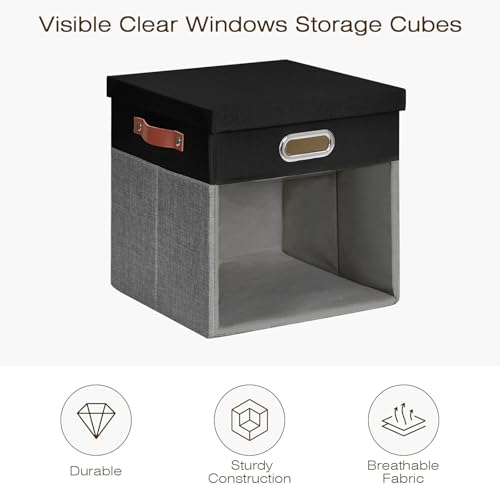 Ultra Thick Fabric Storage Cubes with Lids & Windows, 11-Inch Foldable Closet Storage Bins with 3 Handles, Home Decorative Boxes for Bedroom, Living Room, Dorm, Office (Black & Gray) - color: Black&Gray, size: 11"L x 11"W x 11"H
