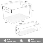 Tiawudi Set of 10 Clear Plastic Storage Bins, 4 Large and 6 Small Stackable Storage Containers for Pantry Organization, Organizer Bins for Home, Kitchen, Bathroom, Office, Cabinet Shelf Organizers