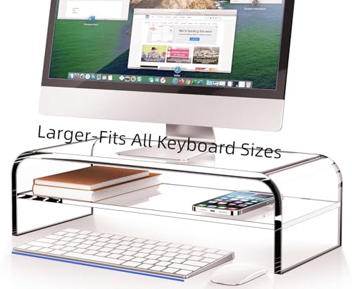 Acrylic Monitor Stand, 2 Tier Riser with Storage Shelf, Clear, 16/20 Inch, Home Office Desk Organizer (20in) - size: 20in