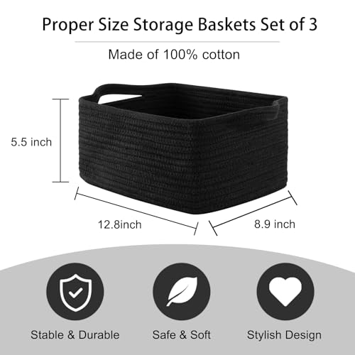 OIAHOMY Cotton Rope Woven Baskets for Storage, Nursery Rectangle Storage Basket with Handles for Shelves, Pack of 3, Black - color: Black