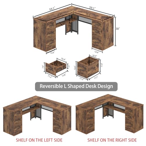 HSH L Shaped Computer Desk with File Drawers, Large Metal Wood L Shape Table with Storage Cabinet Shelves, Reversible Corner Home Office Executive Writing Study Workstation Desk, Rustic Brown, 59 Inch - color: Rustic Brown