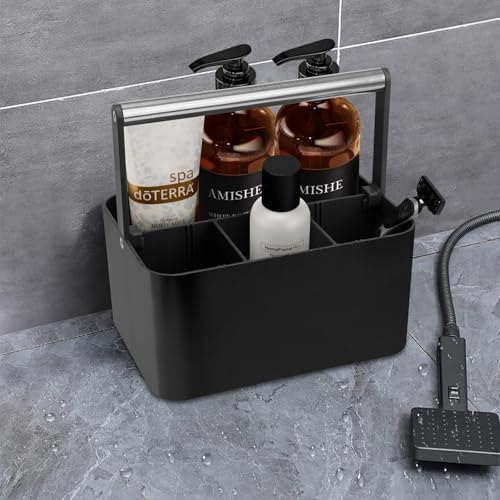 BYUNER Black Shower Caddy Portable: Plastic Bathroom Caddy Countertop,Cleaning Caddy Organizer with Handle,Utility Hard Shower Basket Storage Tote for Toiletry,College Dorm Room Essential for Guys/Men - color: Black / Silver Handle