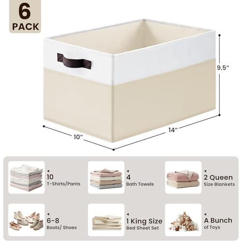 Criusia 6 Pack Large Toy Box Chest, Collapsible Sturdy Toy Storage Organizer Bins Baskets for Kids, Boys, Girls, Nursery, Playroom, Shelf Baskets for Lego Puzzle Balls, Game Organizer (14L*10W*9.5H) - color: White with Beige, size: 6pcs - Rectangular 14"x