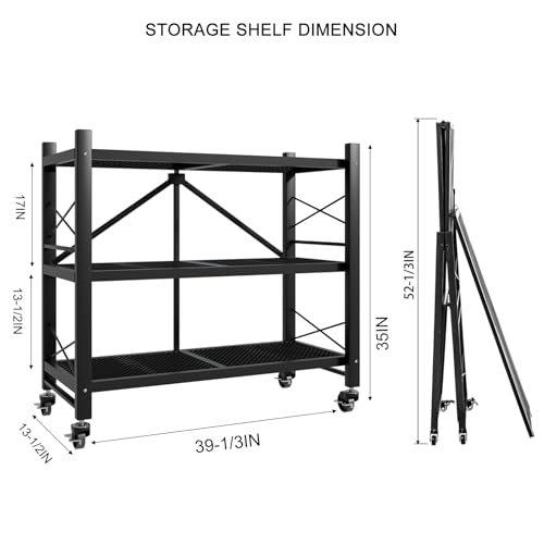 3-Tier Folding Storage Shelves, Heavy Duty Garage Shelving Unit, Adjustable Metal Standing Storage Rack Shelf, No Assembly Wire Shelving Organizer with Wheels for Kitchen Pantry Warehouse - size: 3-Tier