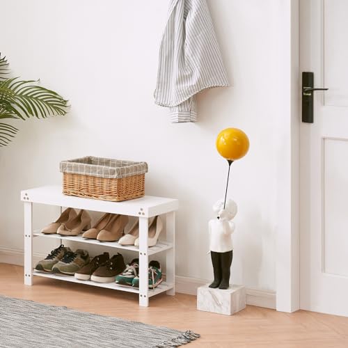 Apicizon Bamboo Shoe Rack for Entryway, 3-Tier Shoe Rack Bench for Front Indoor Entrance, Small Shoe Organizer with Storage, White - color: White, size: 27.6 Inches No Cushion