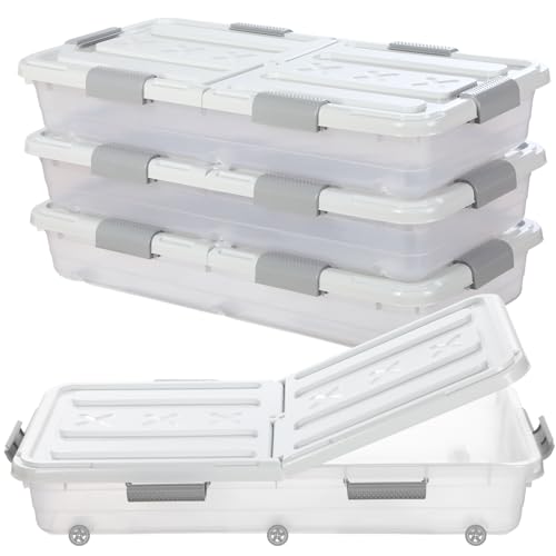 Beeveer 4 Pcs Plastic Under Bed Storage Container with Double Opening Lid Wheel Handle, Transparent Large Capacity Stackable Latching Festival Storage Bin for Closet Bedroom, 31.5x15.8x5.2 In(White) - color: White