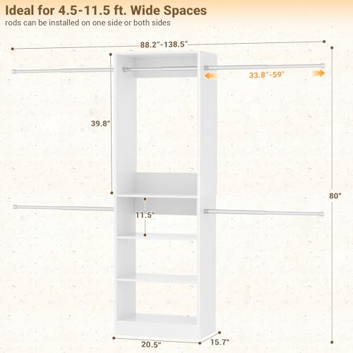 Homieasy Closet System, 4.5-11.5 Ft Expandable Closet Organizer with 5 Hanging Rods, Walk-in Wood Closet Organizer System with Storage Tower, Heavy Duty Garment Rack Wardrobe for Bedroom, White - color: White
