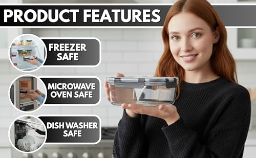 5Pack 35oz Glass Storage Containers with Lids, Airtight Glass Meal Prep Containers, BPA-Free Lunch Containers for Microwave, Oven, Freezer & Dishwasher Safe