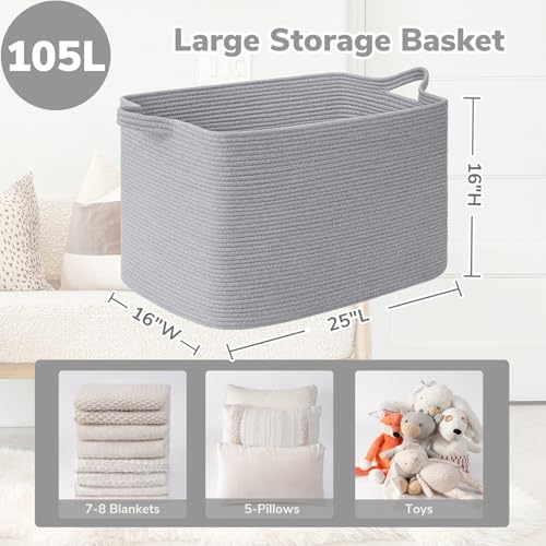 Goodpick 105L Extra Large Blanket Basket 25" x 16" x 16" Cotton Rope Storage Bins for Dirty Clothes, Rectangle Woven Laundry Basket for Living Room Bedroom, Toy Storage Baskets for Kids, Gray - color: Grey, size: XX-Large(25"L x 16"W x 16"H)