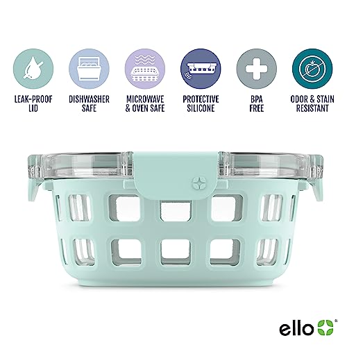 Ello Duraglass 3.4 Cup Round Meal Prep Sets 10Pc, 5 Pack Set- Glass Food Storage Container with Silicone Sleeve and Airtight BPA-Free Plastic Lids, Dishwasher, Microwave, and Freezer Safe, Melon - color: Melon Rounds, size: 3.4 Cup