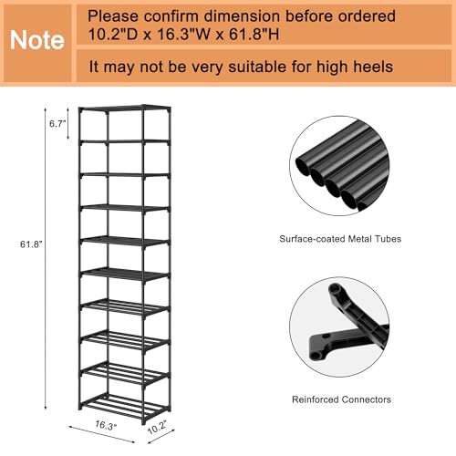 Autonomier 10 Tier Tall Shoe Rack, Narrow Lightweight Shoe Shelf, Compact Vertical Shoe Stand, Small Space Saving for Closet Floor, Dorm Storage Organizer, Front Door Entrance, Entryway