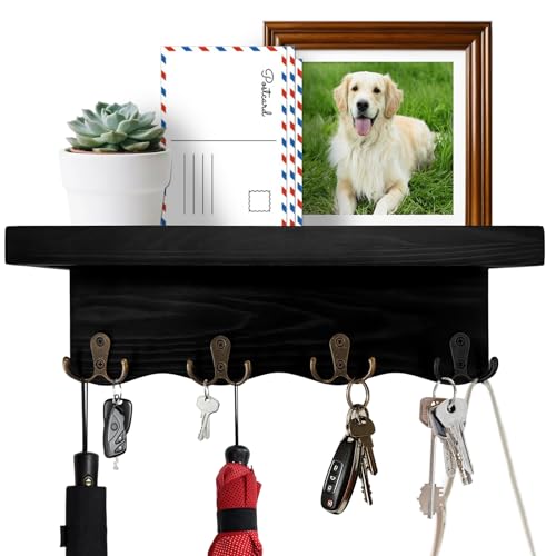 Key Holder for Wall with Shelf, Decorative Wave Design Mail Organizer Wall Mounted with 4 Double Hooks for Keys, Coats, Dog Leash, Wooden Key Rack for Entryway, Hallway, Home Decor (Black)