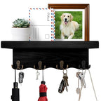 Key Holder for Wall with Shelf, Decorative Wave Design Mail Organizer Wall Mounted with 4 Double Hooks for Keys, Coats, Dog Leash, Wooden Key Rack for Entryway, Hallway, Home Decor (Black)