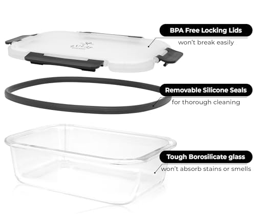 Zulay Kitchen 5 Piece Large 36oz Glass Tupperware Container Set with Lids - Premium BPA Free Borosilicate Glass Food Storage Containers - Leak-Proof Meal Prep - Microwave, Freezer & Oven Safe - Gray