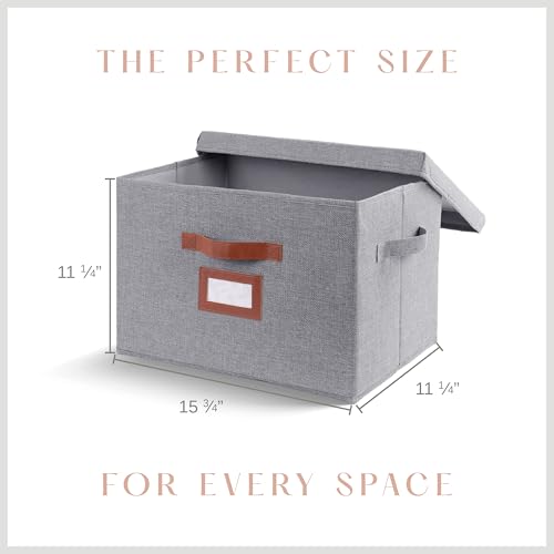 3 Pack Large Fabric Storage Boxes with Lids (15.75" x 11.25" x 11.25") - Decorative Bin with Lid, Label Holder, Faux Leather Handles - Large Storage Boxes for Organizing Clothes, Blankets - Grey - color: Steel Grey