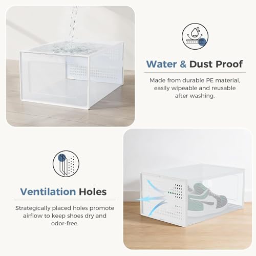 12 Pack X-Large Shoe Storage Boxes Organizers, Shoe Boxes Clear Plastic Stackable Shoe Containers with Lids, Foldable Space-Saving Storage Bins Shoe Cabinet, Fit up to Men's US 11/Women's US 12, White - color: White, size: 12 Pack-XL