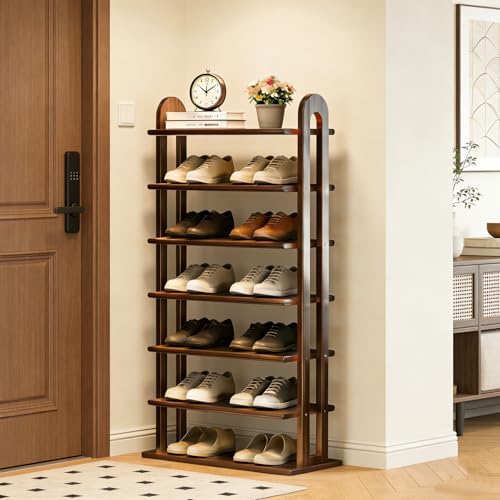 Vertical Shoe Rack - 7 Tier Tall Narrow Shoe Rack Organizer for Small Spaces, Skinny Shoe Shelf Space Saving Shoe Storage, Solid Wood Shoe Shelf for Entryway, Closet, Corner, Doorway, Walnut