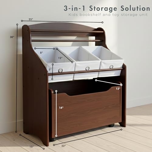 Humble Crew 3-in-1 Kids Bookshelf and Toy Storage Organizer, Espresso/White - Toddler Organizers with Rolling Toy Box and 3 Fabric Bins – Sturdy Baby Book Shelf, Perfect for Nursery and Playroom - color: Espresso/White