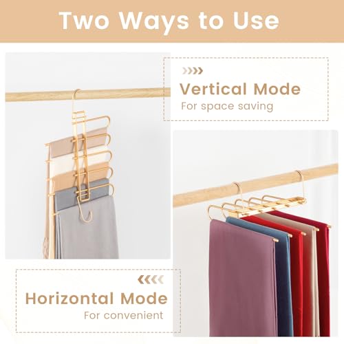 Pants Hangers Space Saving,Closet Hangers 5 Layers 2 Uses Multi Functional Pants Rack,Metal Heavy Duty Wardrobe Organizer Racks for Clothes Trousers Scarves Ties (2Pack Gold) - color: 2pack Gold