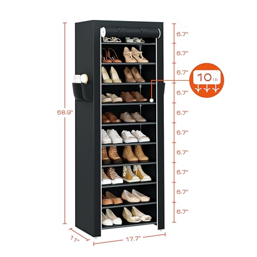 CASAMAYA Shoe Rack with Covers, 10 Tiers Tall Shoe Rack Organizer, Large Capacity Shoe Shelf Storage, Hold 20 Pairs of Shoes, Vertical Shoe Storage Organizer for Closet, Entryway, Black, SRT102B01 - size: 17.7"W - 10 Tier