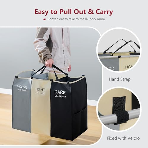Tajsoon 3 section Laundry Hamper Sorter, Laundry Sorter Cart with Heavy Duty Lockable Wheels and Removable Bags, Laundry Separated Rolling Cart Basket for Clothes Storage, Grey+Beige+Black - color: 3 Colors, size: 3 Bag