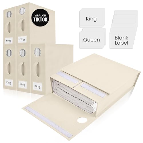 TOSORO 6 Pack Bed Sheet Organizer and Storage, Foldable Storage Bed Sheet Organizer for Linen Closet with Viewing Window & Label for Bedding Sheets & Blankets (Queen & King Size) Cream - color: Cream, size: 6 Pack