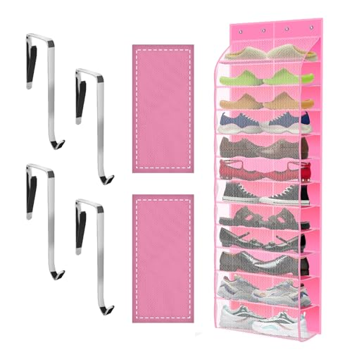 Kotkn Over The Door Shoe Organizer with 12 Large Breathable Pockets - Durable Hanging Storage for the Entire Family's Shoes (Pink) - color: Pink