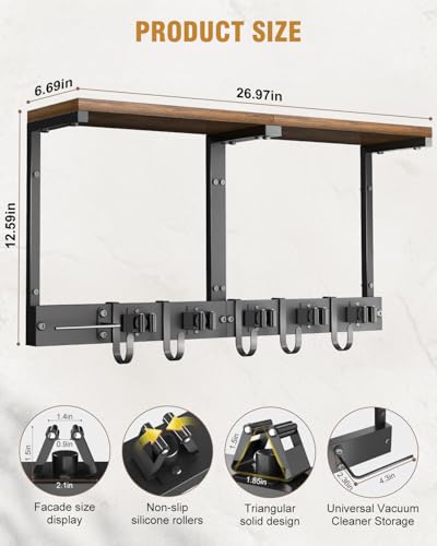 Supforce Broom Holder Wall Mount with Top Wooden Shelf, Heavy Duty Metal Cleaning Supplies Broom Hanger with Vacuum Organizer and 5 Slots & 5 Hooks for Laundry Garage Tool Storage Kitchen (Large) - size: Large