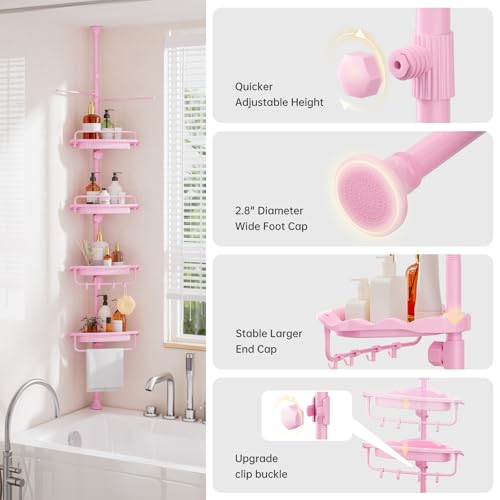 Sturdy Pink Corner Shower Caddy - 4 Tier Adjustable Organizer, Rustproof Stainless Steel, 32-122 Inch - color: Pink