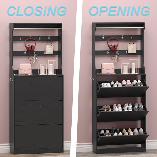 BORNOON Shoe Cabinet with 3 Flip Drawers & Coat Rack, Narrow Hidden Shoe Storage Cabinet, 2-in-1 Hall Tree Slim Freestanding Shoe Rack Organizer for Entryway, Hallway, and Living Room - color: Black, size: 3-Drawer with Rack