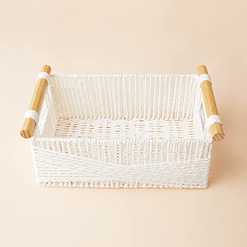 LA JOLIE MUSE Wicker Storage Baskets for Organizing, Recyclable Paper Rope Basket with Wood Handles, Decorative Hand Woven Basket Organizers for Makeup Books Shelves Living Room, White, Set of 2 - color: White