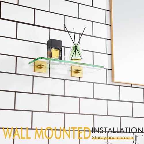 KOKOSIRI Wall Shelves 12 Inches Tempered Glass Shelf Floating Rack for Kitchen Storage Home Decor Bathroom Hardware, Gold Stainless Steel B1107BG-L12 - color: Brushed Gold, size: 12-Inch