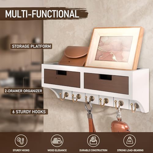 Rebee Vision Key Holder Wall Mount with 2 Drawer Organizer: Decorative 2-Color Mail Organizer for Wall with 6 Hooks - Farmhouse Home Organization for House Decor (White & Retro Brown) - color: White & Brown, style: 2-Drawer