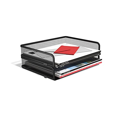 TRU RED Side‑Load Stackable Metal Letter Tray, Matte Black, 2‑Pack – Desktop Paper Organizer for Office Files & Documents